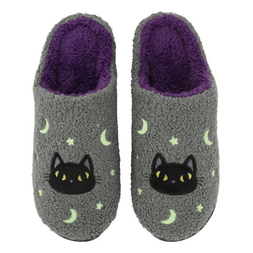 Halloween Black Cat Glow Moon & Stars
Adult Gray Scuff Slippers-Large